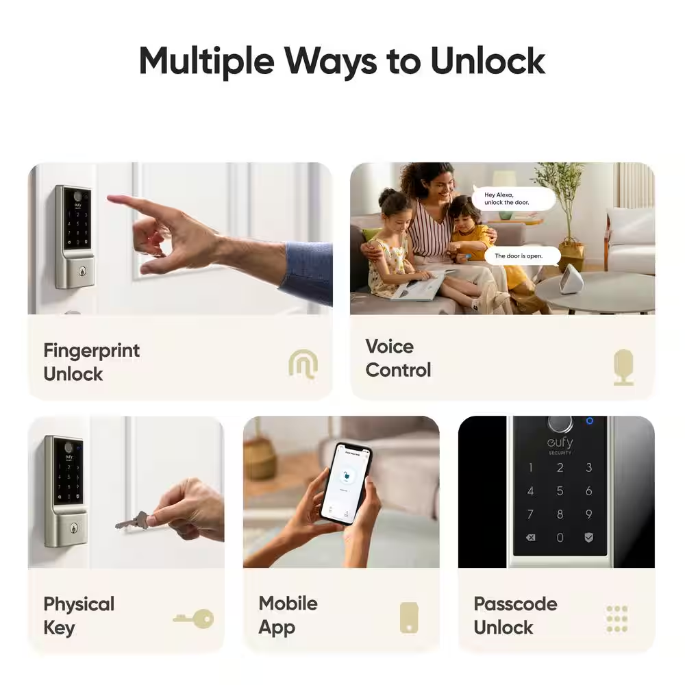 C220 Satin Nickel Smart Lock Wi-Fi with 6 Ways to Unlock by Fingerprint, App, Keypad, Key, Apple Watch, Smart Assistants