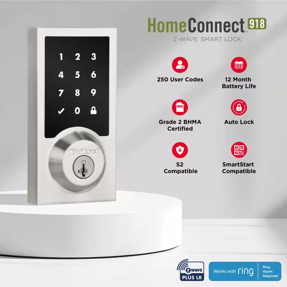 Homeconnect 918 Satin Nickel Contemporary Z-Wave Long Range Enabled Touchscreen Smart Lock with Convenient Keyless Entry
