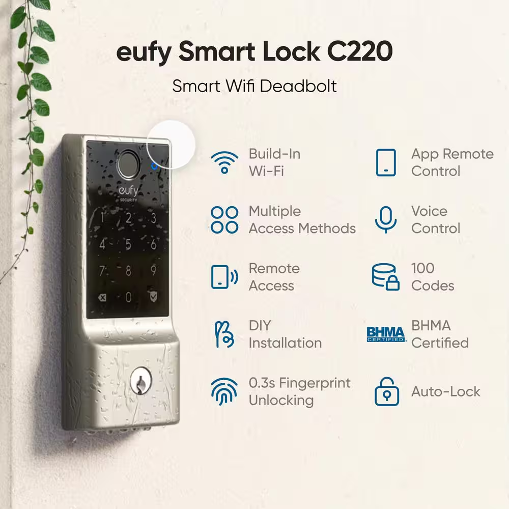 C220 Satin Nickel Smart Lock Wi-Fi with 6 Ways to Unlock by Fingerprint, App, Keypad, Key, Apple Watch, Smart Assistants